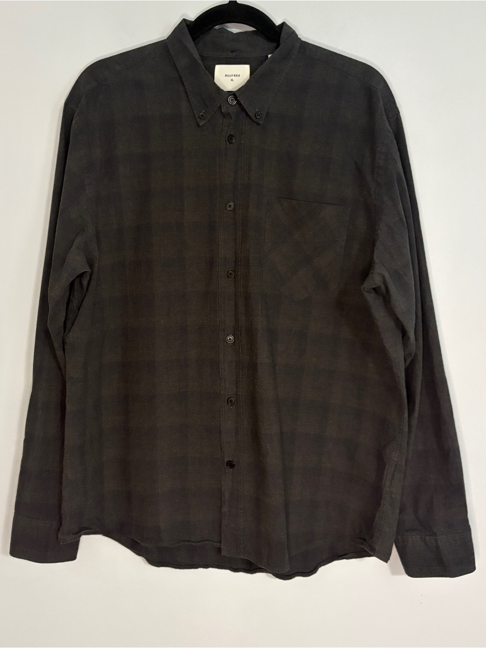 Billy Reid Offset Pocket Plaid Button Down Shirt Mens Size XL Charcoal Gray